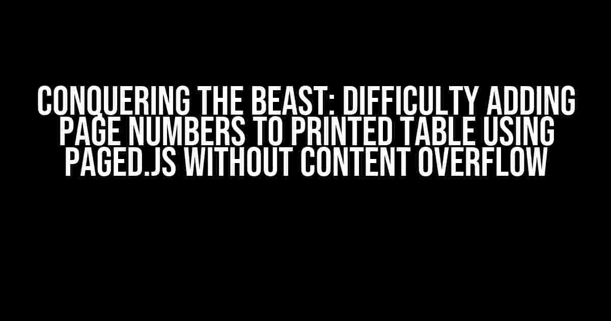 Conquering the Beast: Difficulty Adding Page Numbers to Printed Table Using Paged.js Without Content Overflow